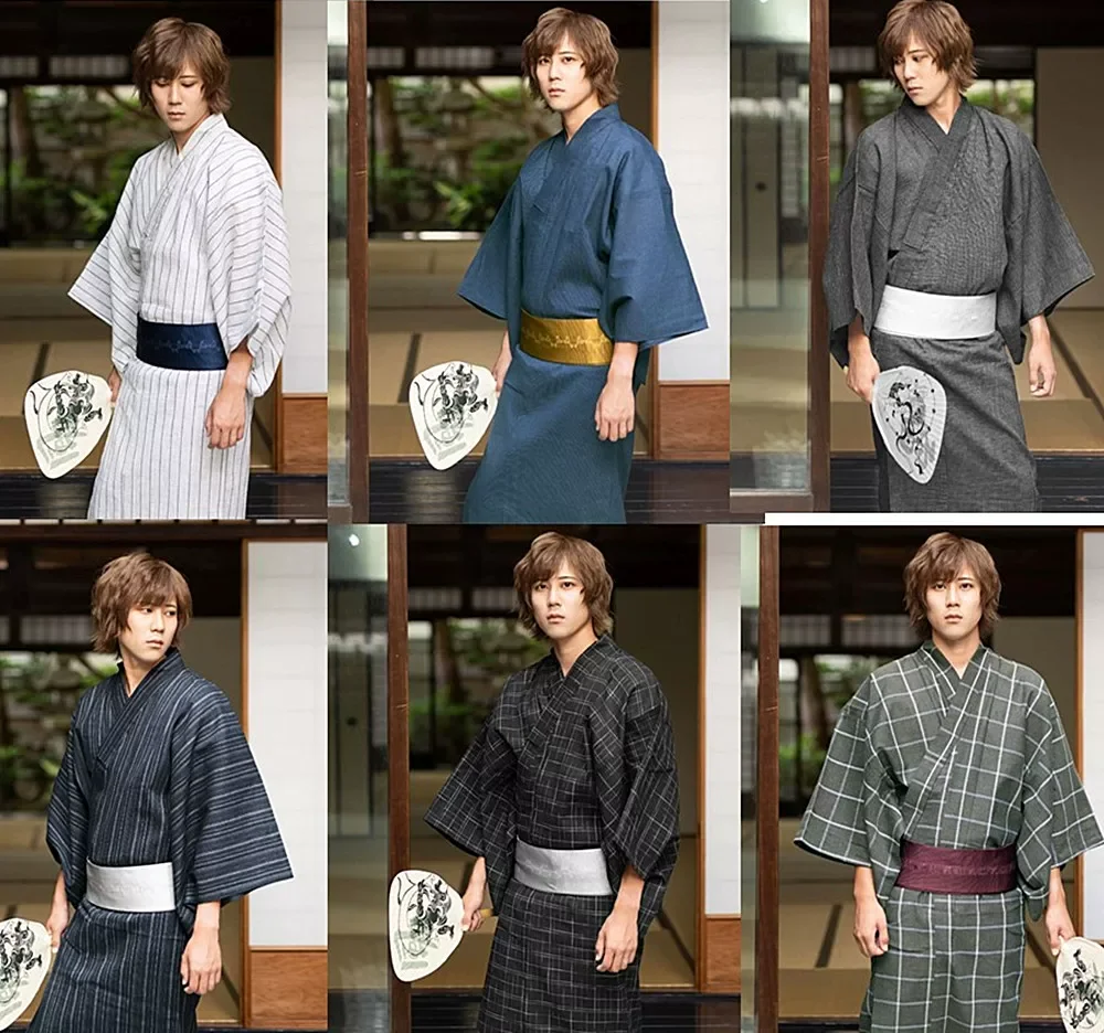 Traditioneller Yukata-Kimono für Herren, Premium-Leinen-Baumwollmischung, ideal für Reisen und Fotoshootings, mehrere Muster Ava Image