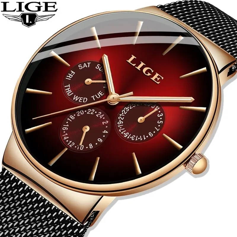 Neue lige mode herren uhren top marke luxus quarz uhr herren mesh stahl wasserdicht ultra dünne armbanduhr für männer sport uhr Image
