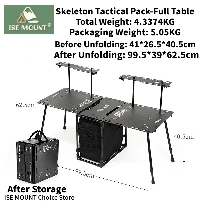 ISE MOUNT Outdoor Skeleton Tactical Pack Camping Tragbarer leichter Klapptisch Klapptisch Campingtisch Campingtasche Schwarzer Anzug