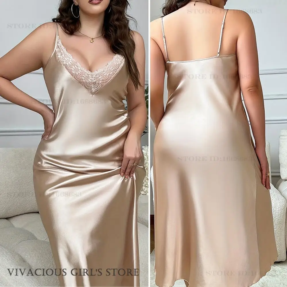 Plus Größe 3XL-5XL Lange Nachthemd Weibliche Chemise Nachtwäsche Homedress Sexy Spitze Hosenträger Nachthemd Dessous Seide Satin Homewear