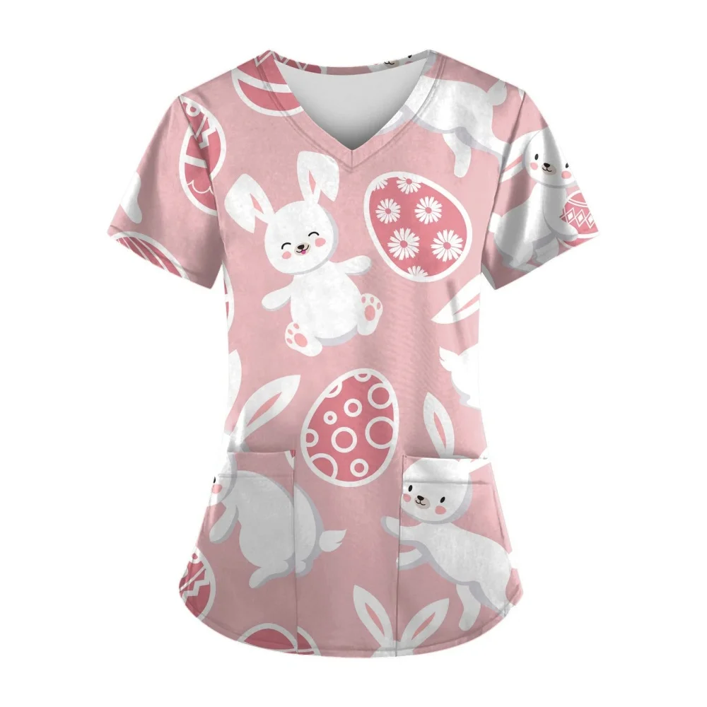 Klinische Uniform Frau Osterhase Druck Mode V-ausschnitt Dental Medizinische Uniform Casual Kurzarm Tops Scrubs Uniform Frau Image