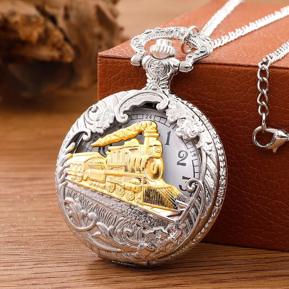 Antike Dampfzug Design Taschenuhr mit Kette Halskette Vintage Quarz Anhänger Uhren Uhr Kette Herren Frauen