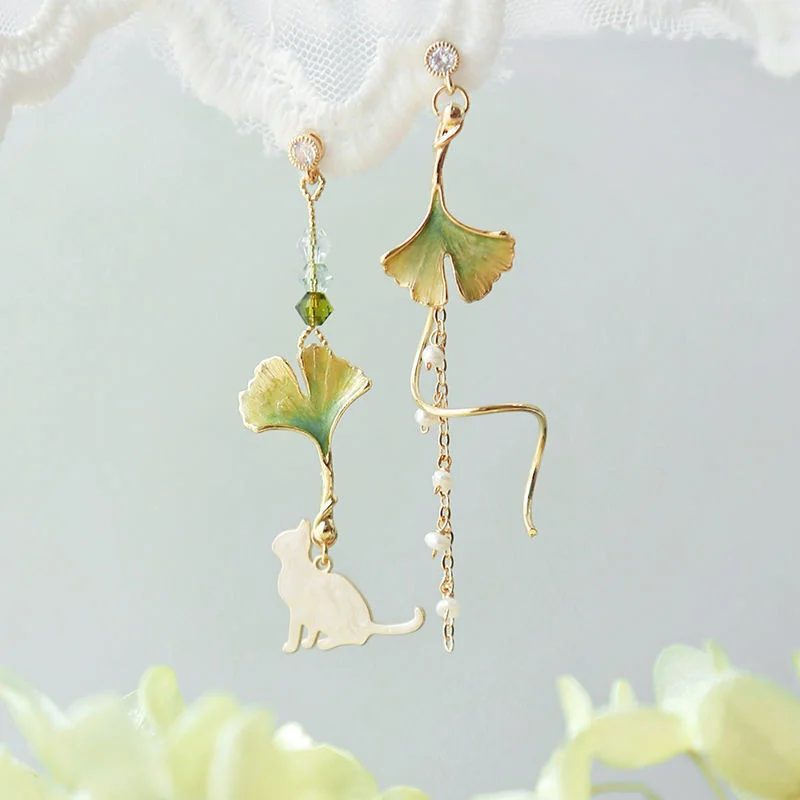 Neue Elegante Metall Blume Nette Katze Baumeln Ohrringe Für Frauen Koreanische Asymmetrische zirkon Lange Quaste Ohrring Partei Schmuck Image