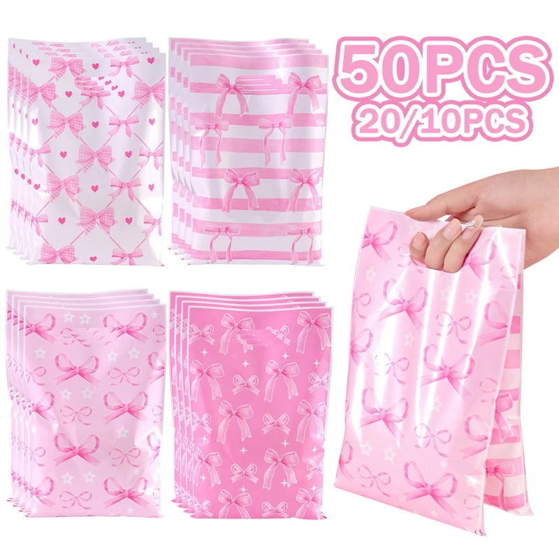 10/20/50 Stück rosa Geschenktüten mit Schleife, Süßigkeitentüten, Geschenktüten für Geburtstagsfeiern, für Mädchen, Braut, Verlobung, Babyparty-Zubehör Image