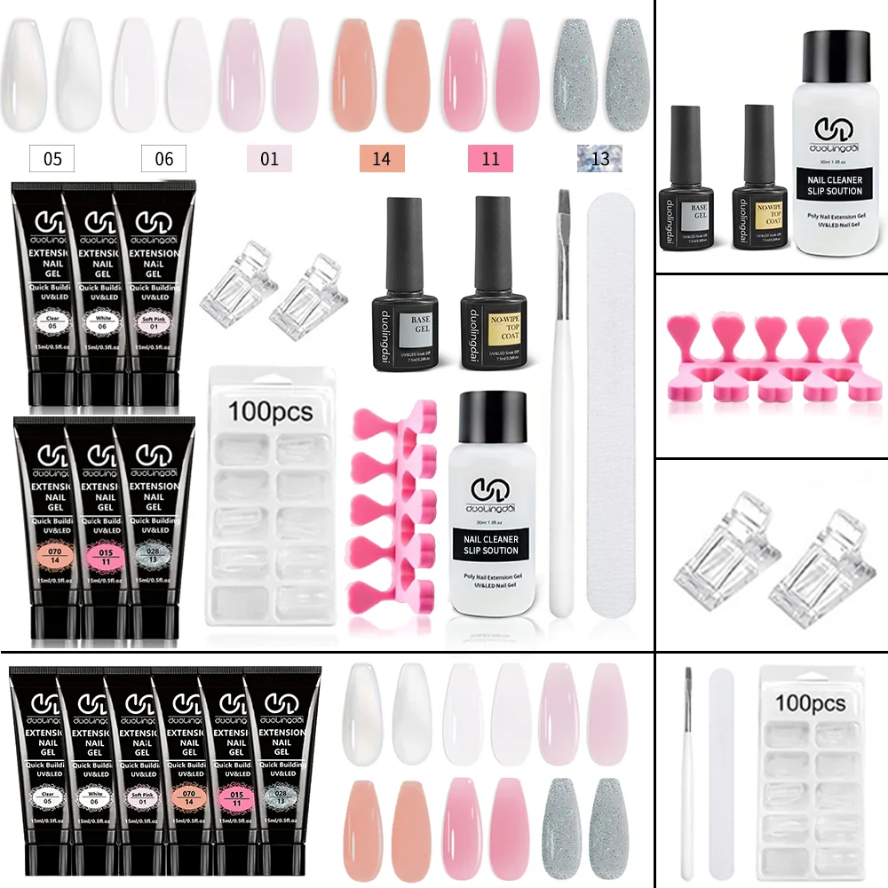Poly-Gel-Verlängerungswerkzeug-Set, einschließlich 30 ml Reinigungsflüssigkeit, 7,5 ml Grundlack und Decklack, Nagelform, Nagelclip und Nagelbürste Image