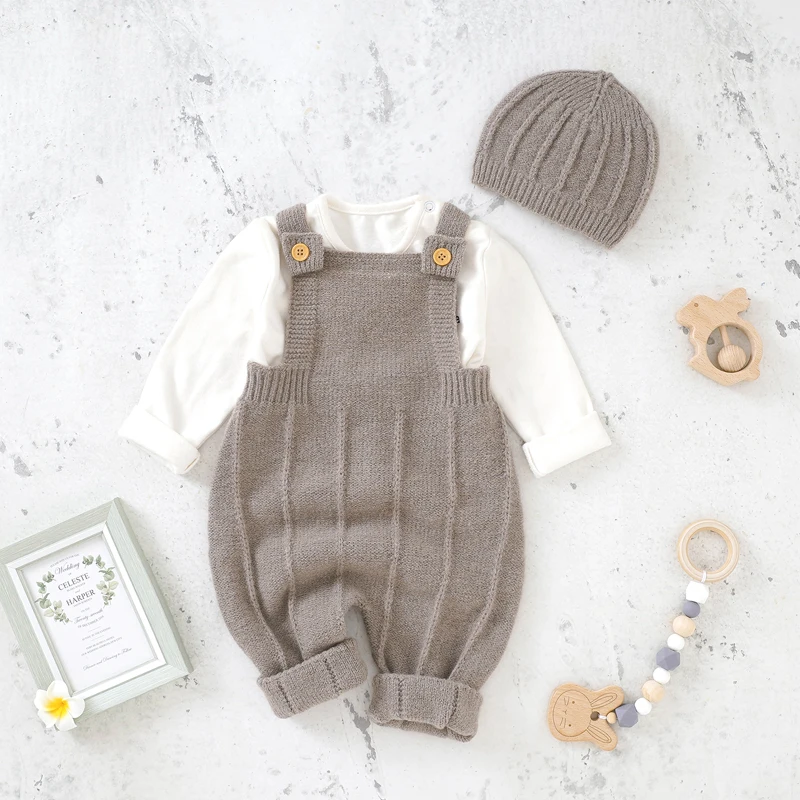 Baby Jungen Mädchen Stram pler Hüte Kleidung Mode ärmellose gestrickte Neugeborenen Neugeborenen Riemen Overalls Outfits Sets Kleinkind tragen Image