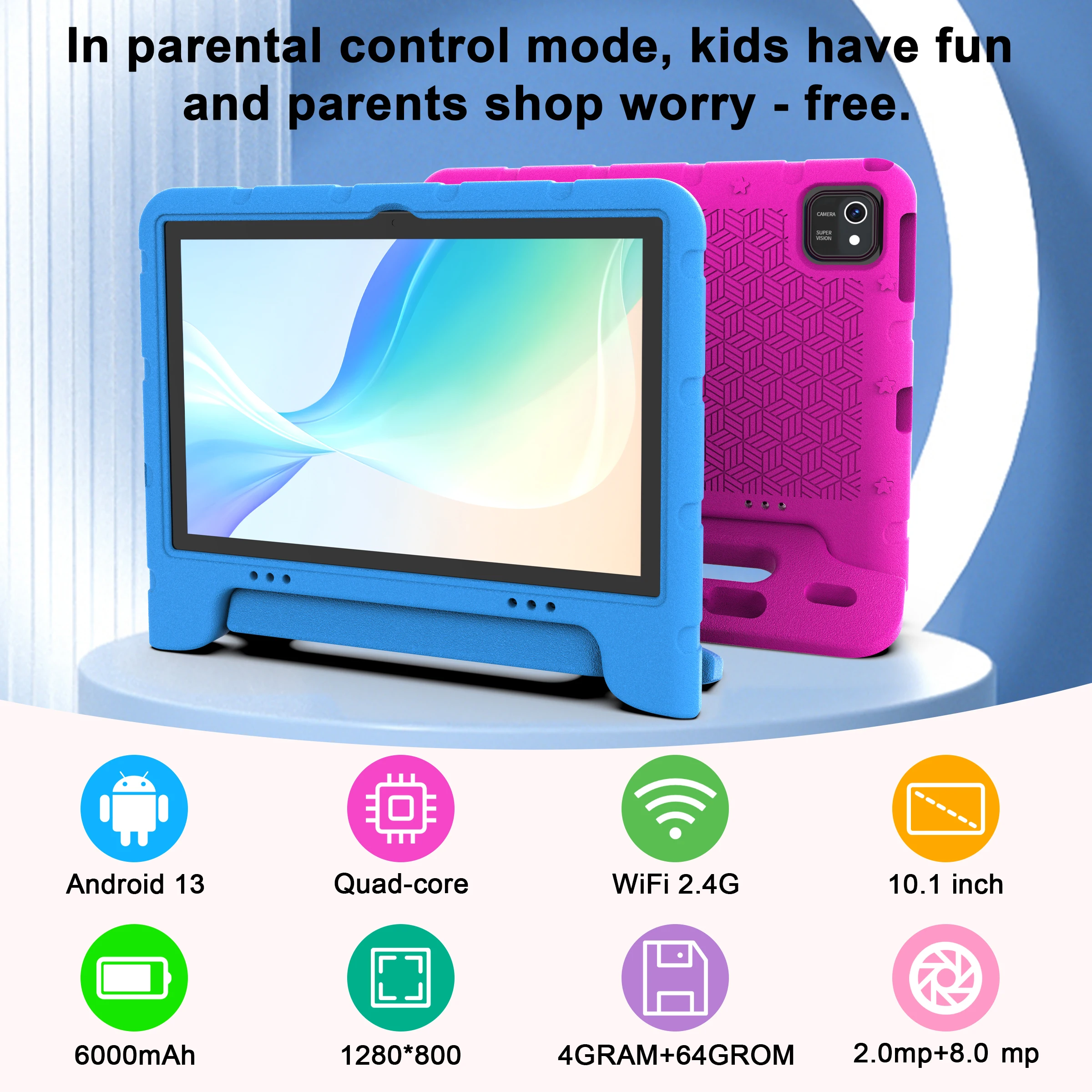 10-Zoll-Kindertablet, Android 13 Tablet, mit stoßfester Schutzhülle, 2 GB RAM, 64 GB ROM, 1 TB Erweiterung, WLAN Image