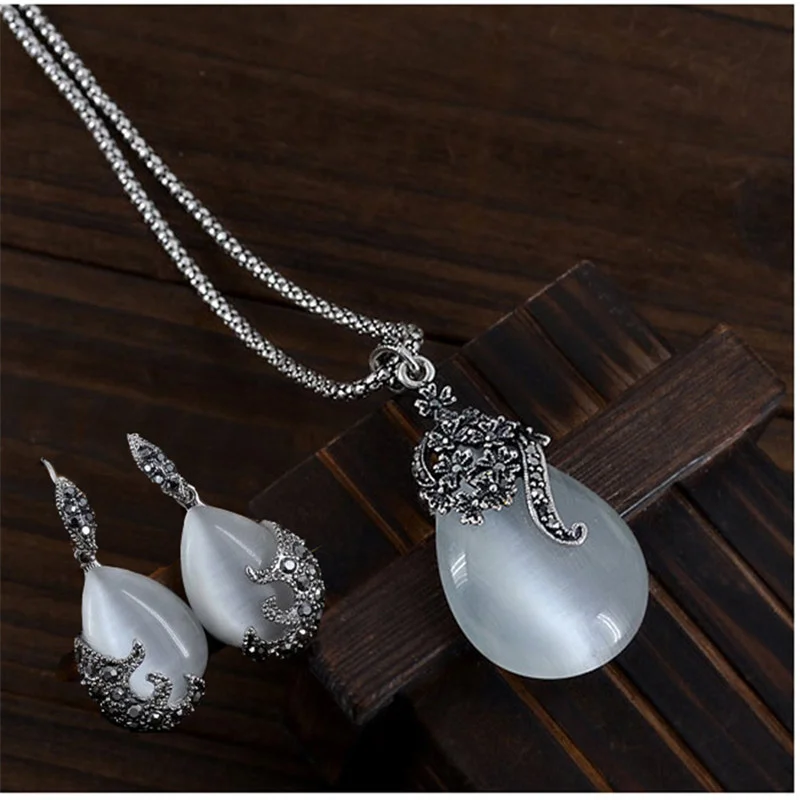 Vintage Elegante 925 Sterling Silber Farbige Mode Opal Wassertropfen Anhänger Lange Halsketten Ohrringe Damen Schmucksets