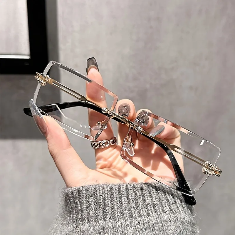 Schicke, rechteckige, randlose, klare Gläser für Damen, minimalistische Mode-Brille, Metallrahmen, quadratische Form Image
