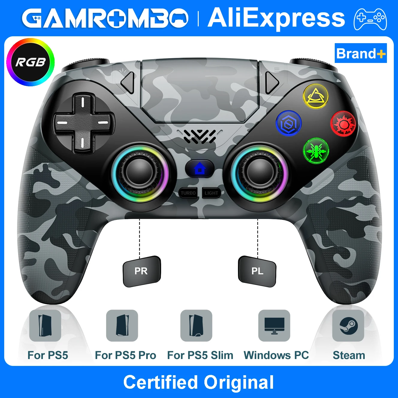 RGB Kabelloser Controller für Playstation5/PS5 Pro/Slim/PC, Dual-Vibration Marco/Turbo-Funktion Gamepads 3,5mm Audio-Buchse Spiel-Joystick Image