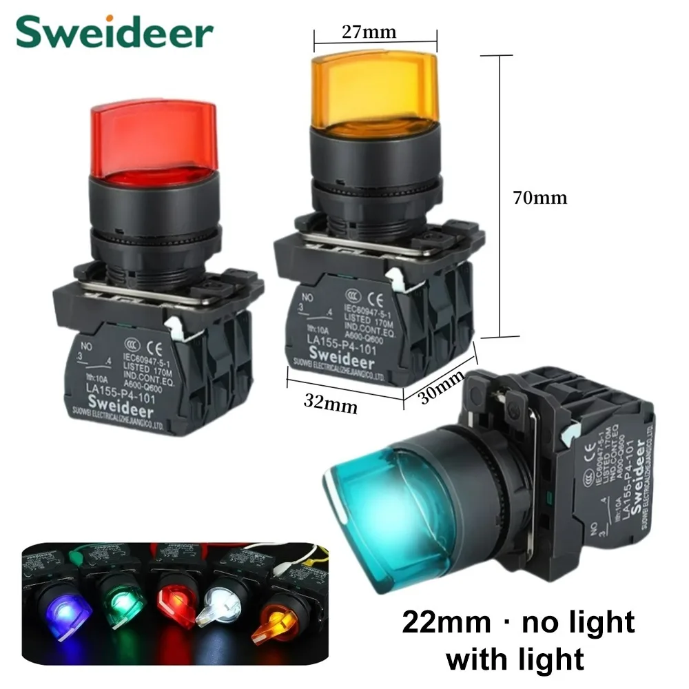 XB4 Drehknopfschalter mit LED 22mm 2/3-Positionen Selbstverriegelnd 1NO/2NO/1NO1NC Wahlschalter mit Beleuchtung 12V 24V 220V 10A Rot Grün Image