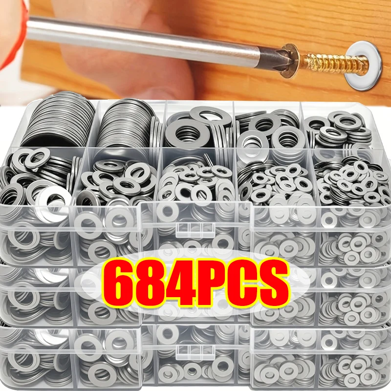 180–684 Stück Edelstahl-Unterlegscheiben-Sortiment-Sets, Metallschraube, flache Unterlegscheiben, Ringe, einfache Dichtungen, Befestigungselemente für Schrauben, Bolzen, M2-M12 Image
