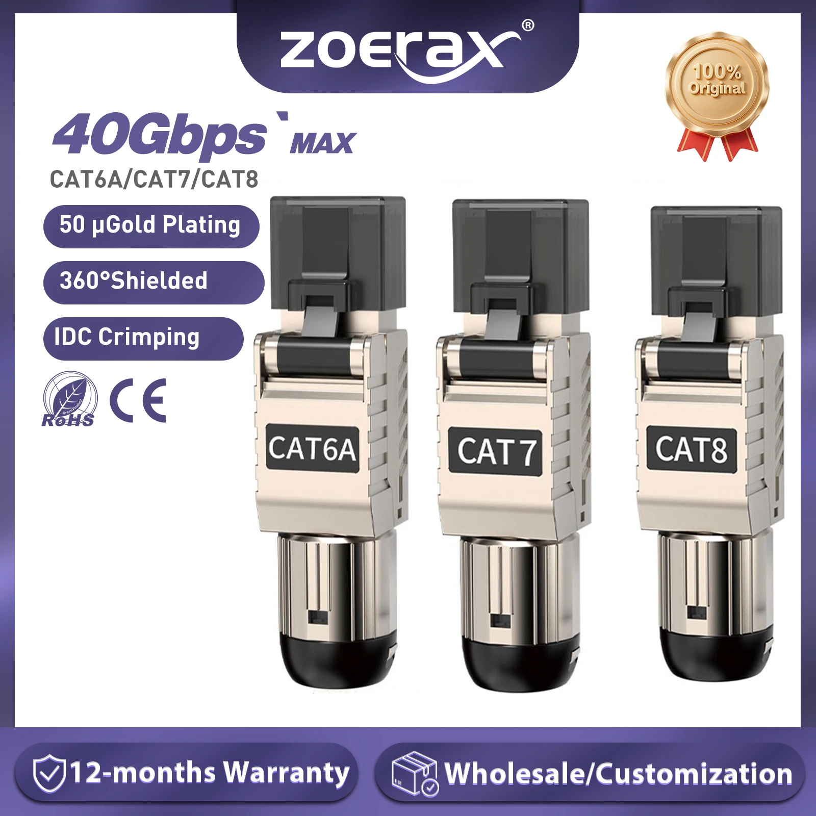 ZoeRax RJ45-Steckverbinder, werkzeuglos, Cat8 CAT7 CAT6A, Cat 8 Field Termination Plug, abgeschirmte RJ45-Modularstecker für 2000 MHz 40 G Image