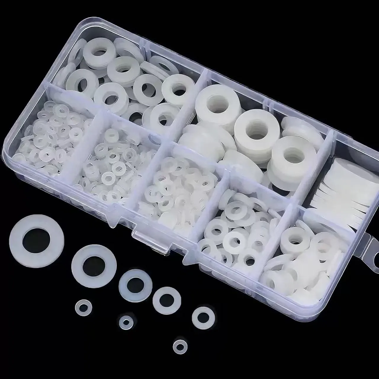 500 Stück gemischte Größen M2-M10, schwarze und weiße Nylon-Unterlegscheiben, isolierende Dichtungen für Schrauben und Bolzen, Kit Image