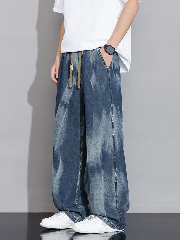 Sommer-Jeans für Herren, gerade, unregelmäßiger Farbverlauf, Batik-Jeans aus gewaschener Baumwolle, weites Bein, Y2K-Baggy-Jeans, große Größe 8XL