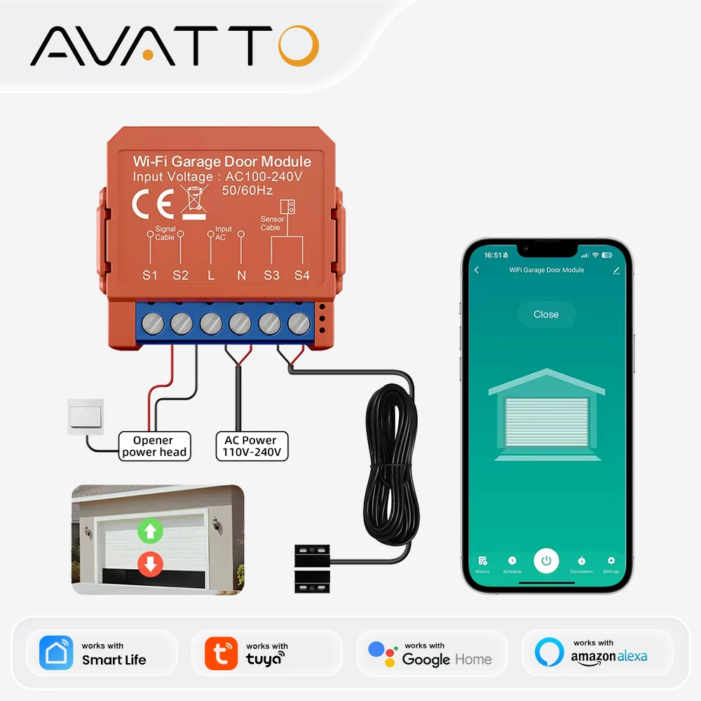 AVATTO WLAN-Garagentoröffner, Smart App Fernbedienung, Sprachsteuerung, Tor- und Türschaltermodul, kompatibel mit Tuya, Alexa, Google Home, Alice Image