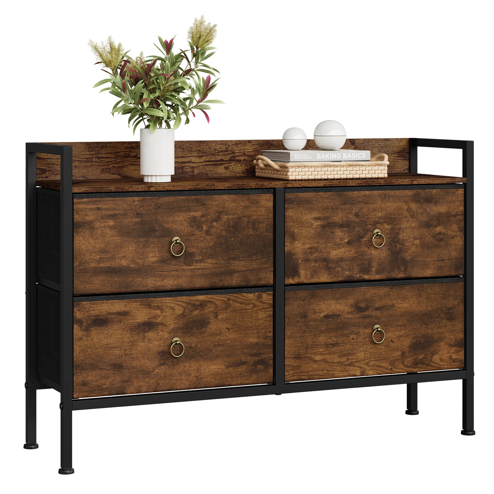 WOLTU Kommode, Kleiderschrank, 4 Stoffschubladen, Aufbewahrungsschrank, Sideboard für Schlafzimmer, Wohnzimmer, Vintage-braune Kommode
