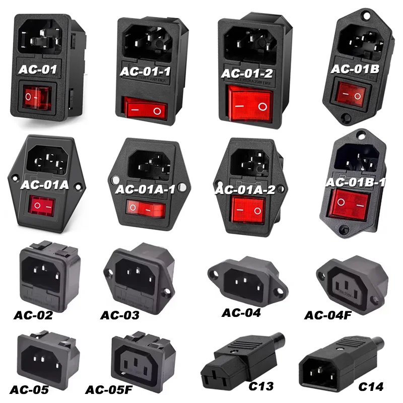 IEC 320 C13 C14 AC-Einlass-Netzsteckdose, 250 V, 10 A, Sicherung, rote Lampe, Wippschalter, wiederverdrahtet, 3-polig, elektrisch, männlich, weiblich Image