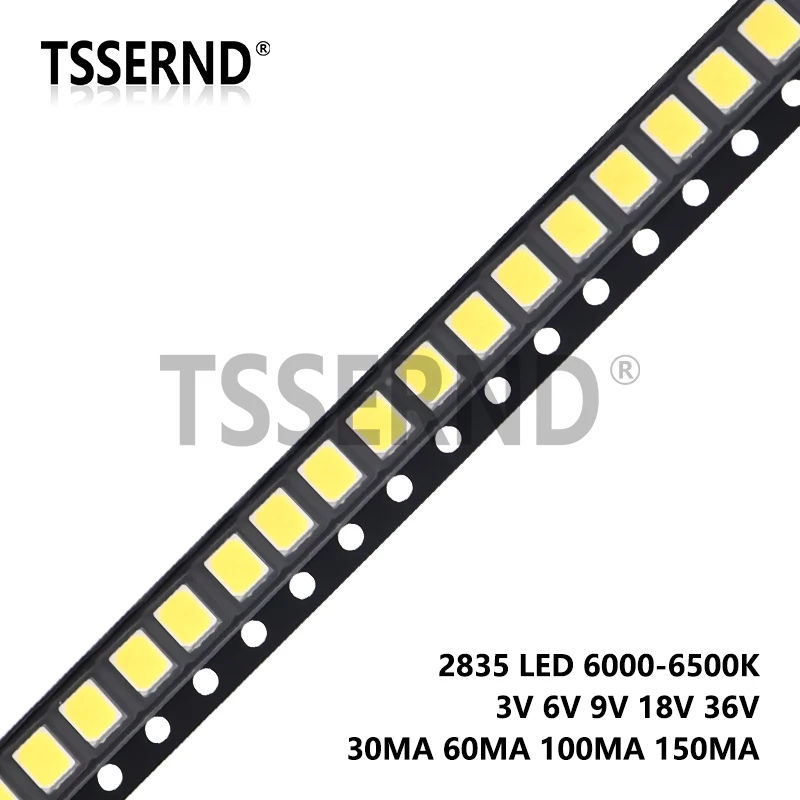 100 Stück SMD-LEDs mit hoher Helligkeit 2835, 1 W, 0,5 W, 0,2 W, Weiß, 3 V, 6 V, 9 V, 18 V, 36 V, 150 mA/100 mA/30 mA/60 mA/80 mA, 6000–6500 K Image