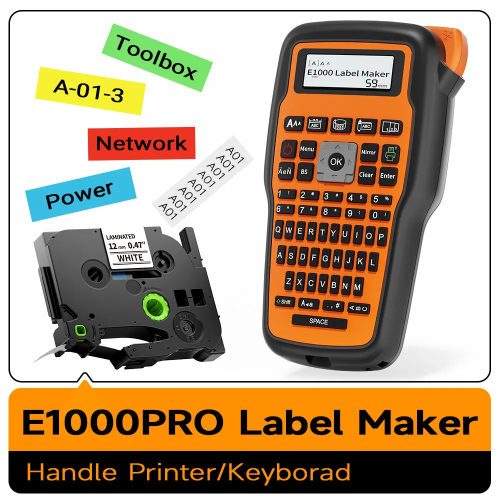 E1000 PRO Etikettiergerät mit Band, mehreren Schriftarten und Symbolen für Elektriker, Fabrik, Büro, Anlagenverwaltung, USB-C für Stromversorgung Image