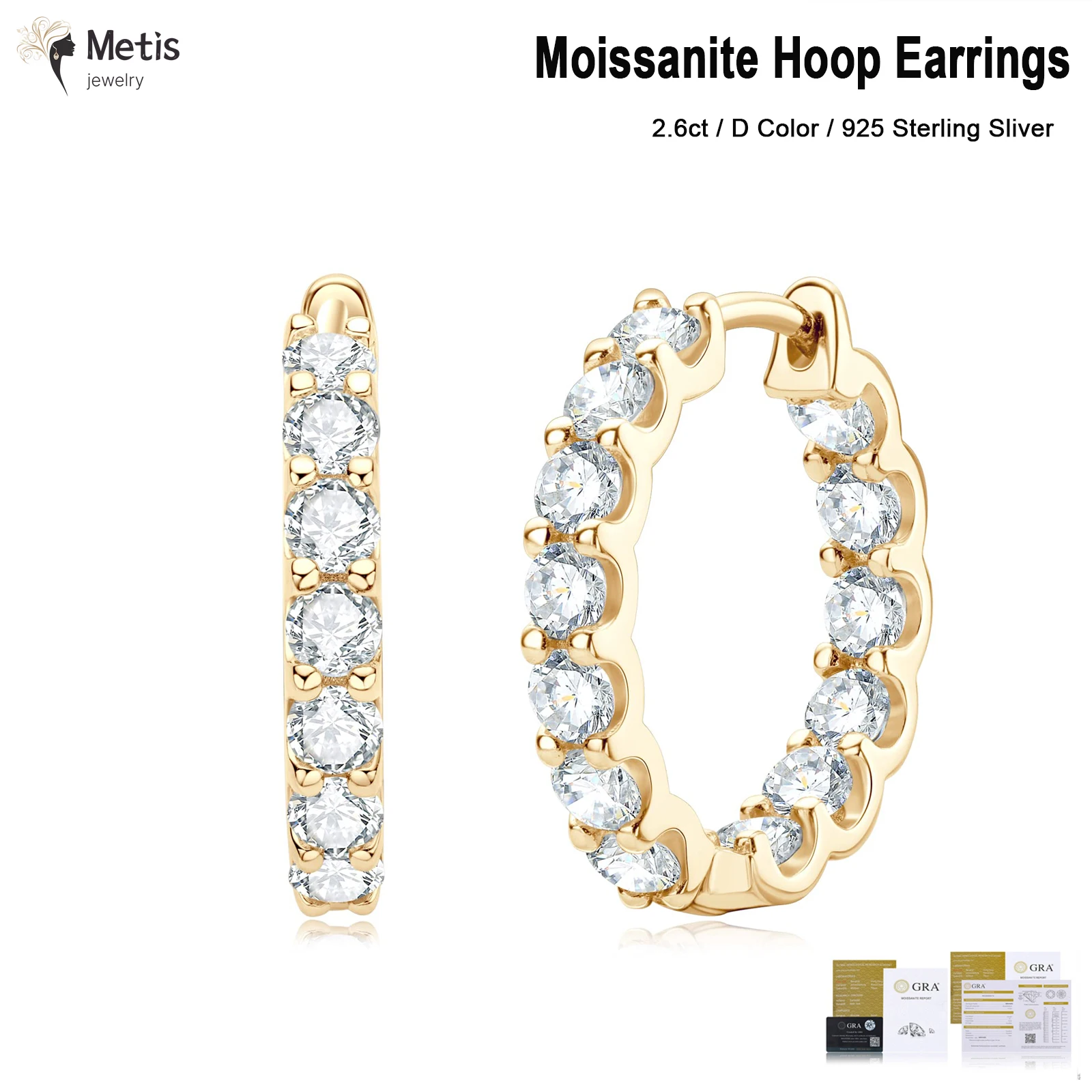 Funkelnder 3 mm 2,6 ct D-Farbe-Moissanit-Ohrring aus 925er-Sterlingsilber mit Weißgold-Creolen für Frauen, Hochzeit, Party-Schmuck