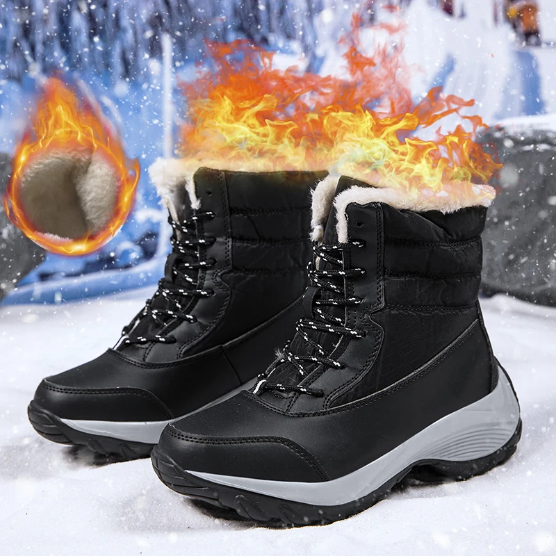 Winter-Schneestiefel für Damen, warme, wasserdichte Schnürstiefel, bequeme Outdoor-Stiefel mit mittlerer Wade Image