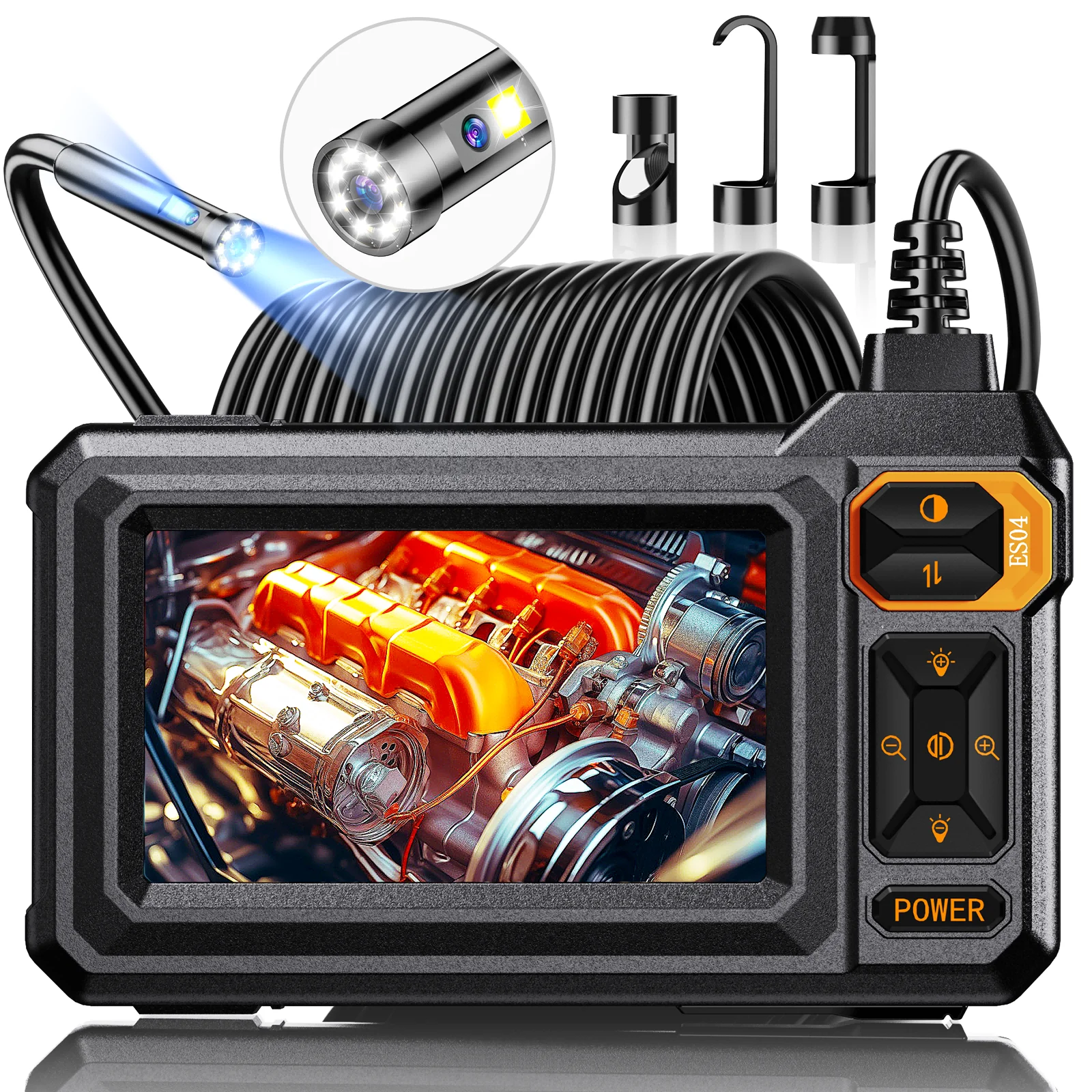 Endoskop mit zwei Linsen und Licht, 4,3 Zoll IPS 1920P HD-Inspektionskamera, 7,9 mm, IP67, 16,4 Fuß, halbstarres Schlangenkabel für Kanalisation Image