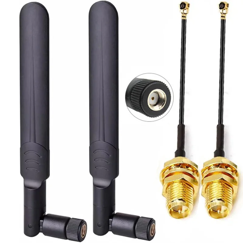 2 x 8 dBi WLAN-Antenne 2,4 GHz 5,8 GHz Dualband-RP-SMA-Stecker + 2 x 15 cm I-P-E-X-1 auf RP-SMA-Buchse Pigtail-Kabel für WLAN-Router Image