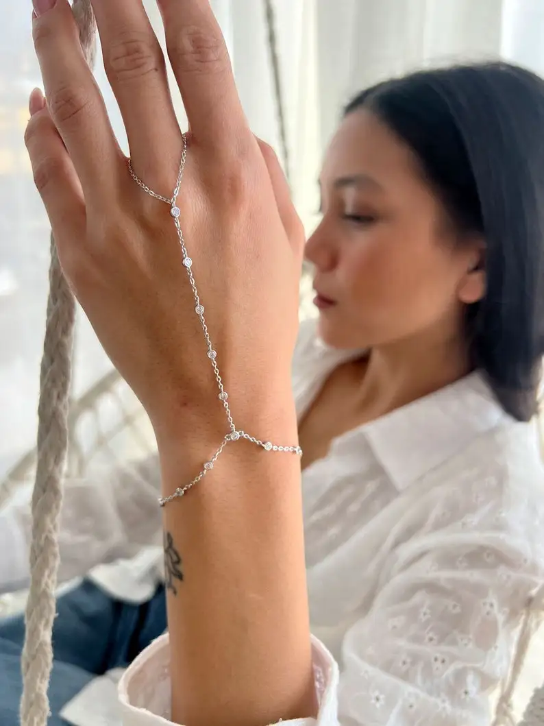 Handarmband aus 925, CZ-Fingerarmband, Handarmband aus Sterlingsilber mit Rückseite, Sklavenarmband, Handkettenarmband aus Roségold Image
