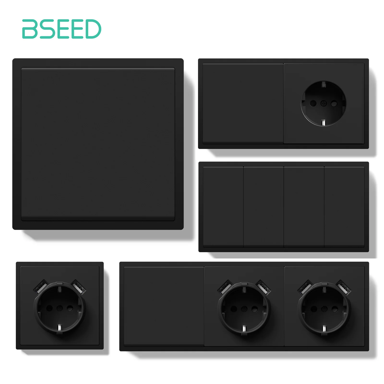BSEED 1/2 Gang mechanische Tastenschalter, 1-Wege-EU-Wandsteckdosen mit USB-Steckdosen, Kunststoffplatte, keine LED-Leuchten, schwarze Serie Image