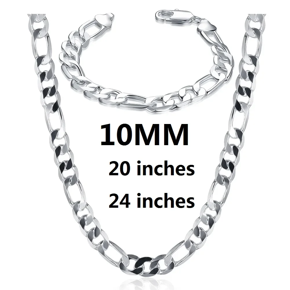 Neues Luxus-Schmuckset aus 925er Sterlingsilber, klassisch, 10 mm, Figaro-Kette, Armbänder, Halsketten, Schmuckset für Männer und Frauen, Mode, Party-Accessoires Image