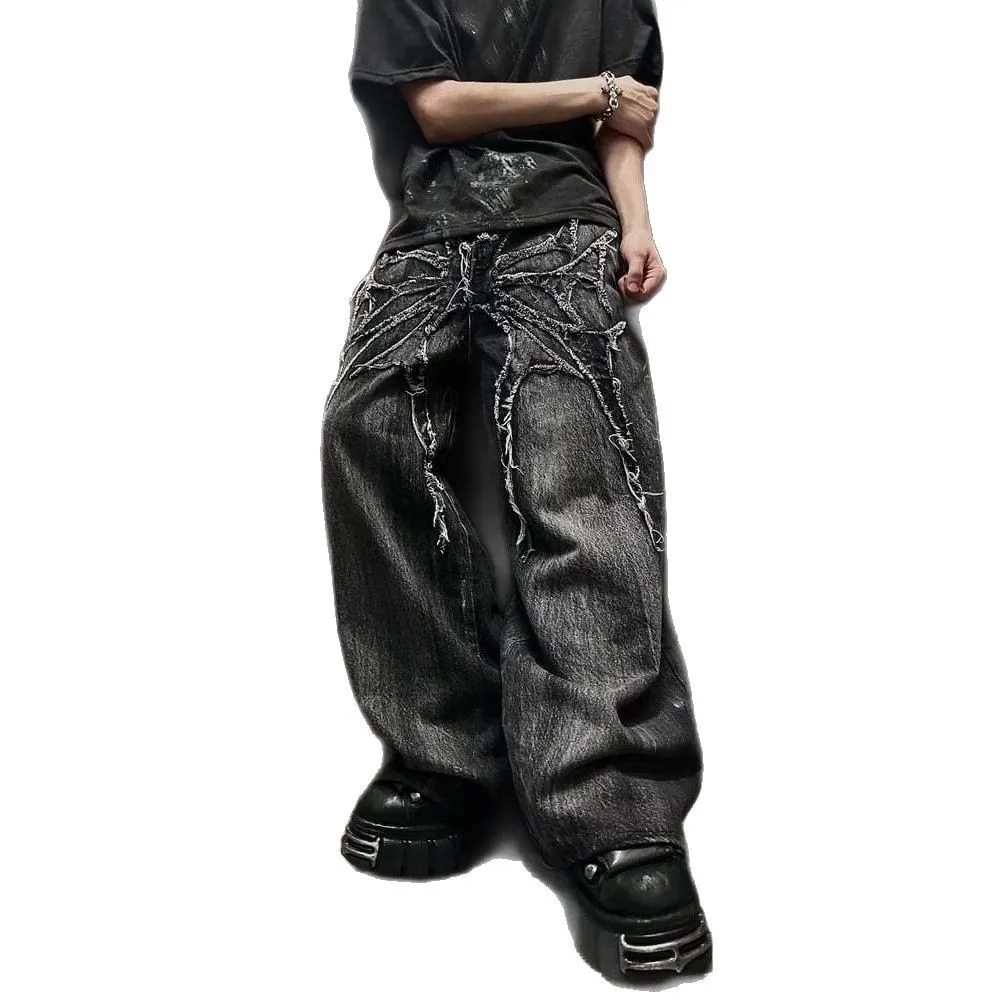 Streetwear Y2k Männer Baggy Jeans Schwarz Grau Breite bein Linie Design Gothic Punk Männer Frauen Jeans Mode Übergroßen Luxus kleidung 516