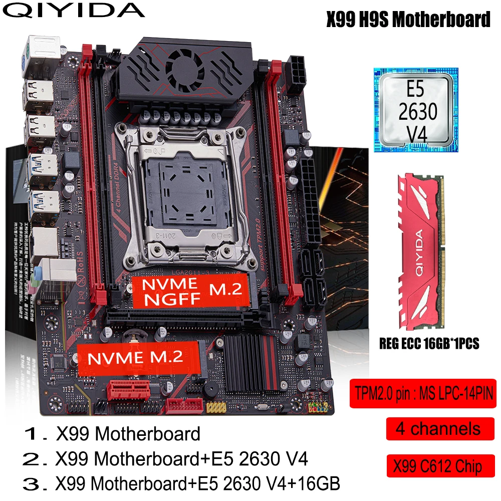 QIYIDA X99 H9S Motherboard-Set mit LGA2011-3 Xeon E5 2630 V4 CPU, DDR4 16GB Speicher, NVME M.2, TPM 2.0 Schnittstelle, SATA3 Image