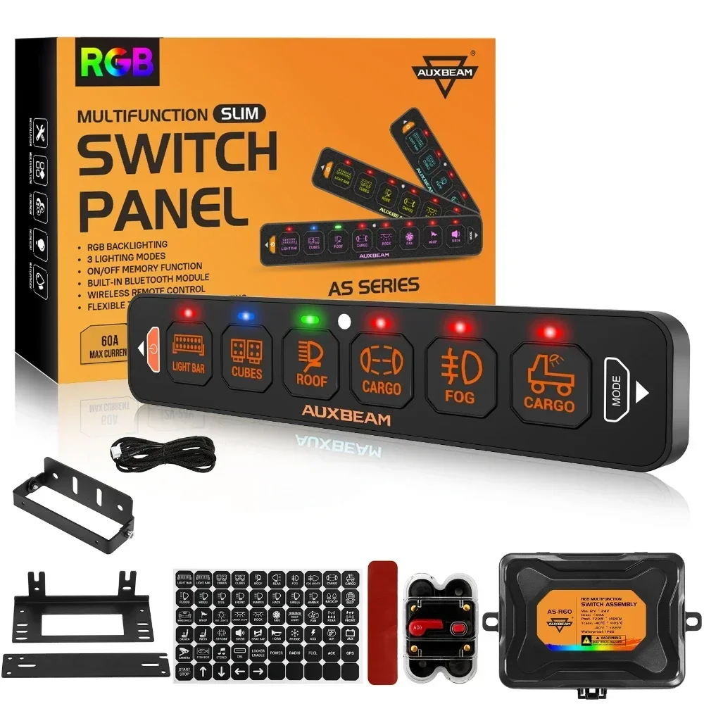 AUXBEAM AS SERIES 4/6/8 GANG RGB SLIM SWITCH PANEL TOGGLE/ MOMENTARY/ PULSED MODE UNTERSTÜTZT EINSEITIGE OUTLET-Autobeleuchtungssteuerung Image