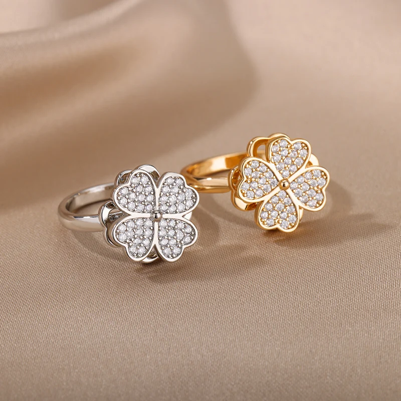 Zirkon drehbare vier blättrige Kleeblatt Angst ringe für Frauen Edelstahl Anti-Stress Zappeln Spinner Ring ästhetischen Schmuck Geschenk Image