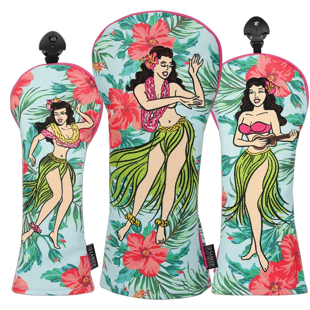 Honolulu Hawaii Hula Girl PU-Leder bestickte Golfschläger-Schlägerhaube Driver Wood Hybrid RescueCover Image