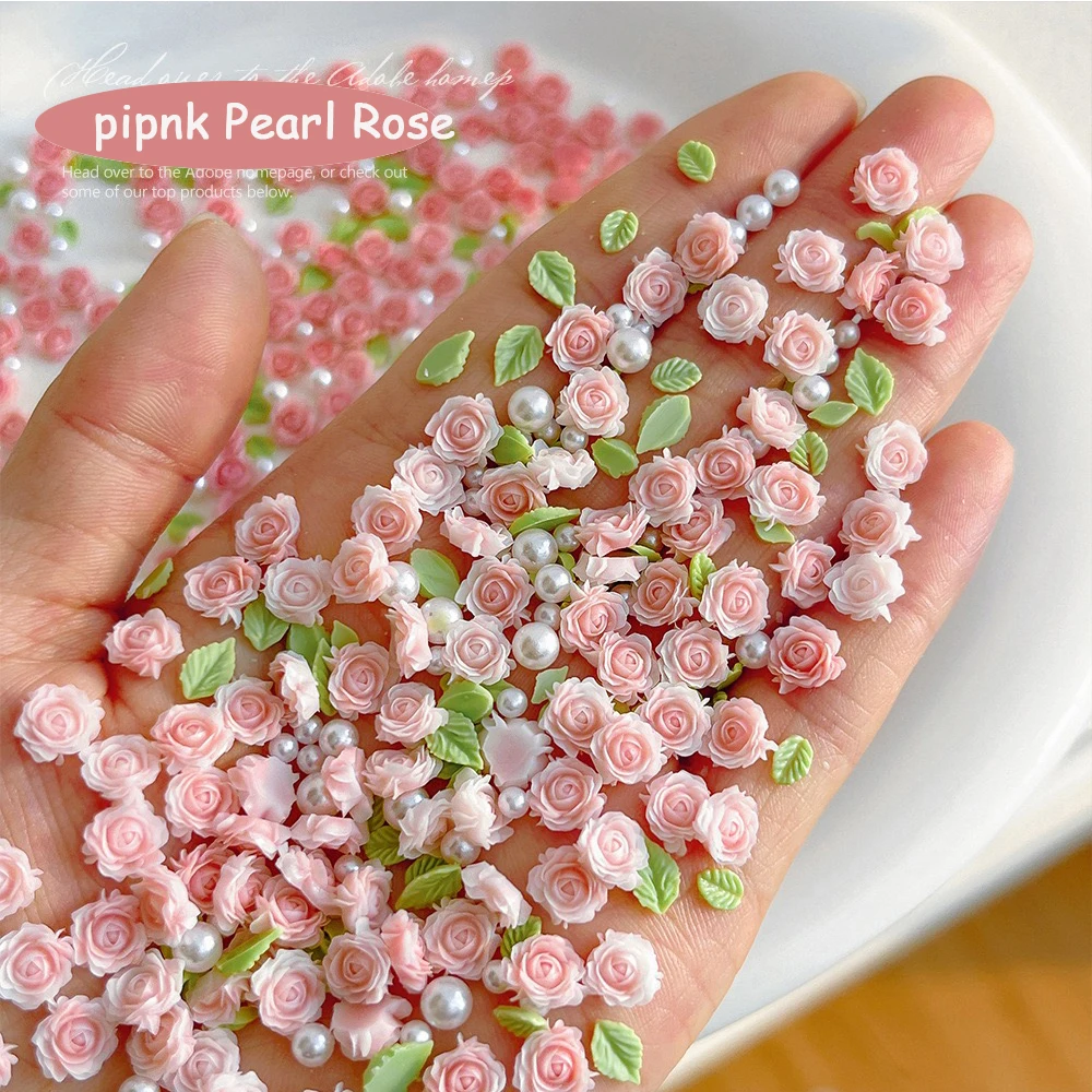 20 Stück Spitze Schleife & 30 Stück 3D gemischte Größe Perle Harz Blume rosa Rose Nagel Charms Zubehör Nail Art Luxus Dekorationen Zubehör Image