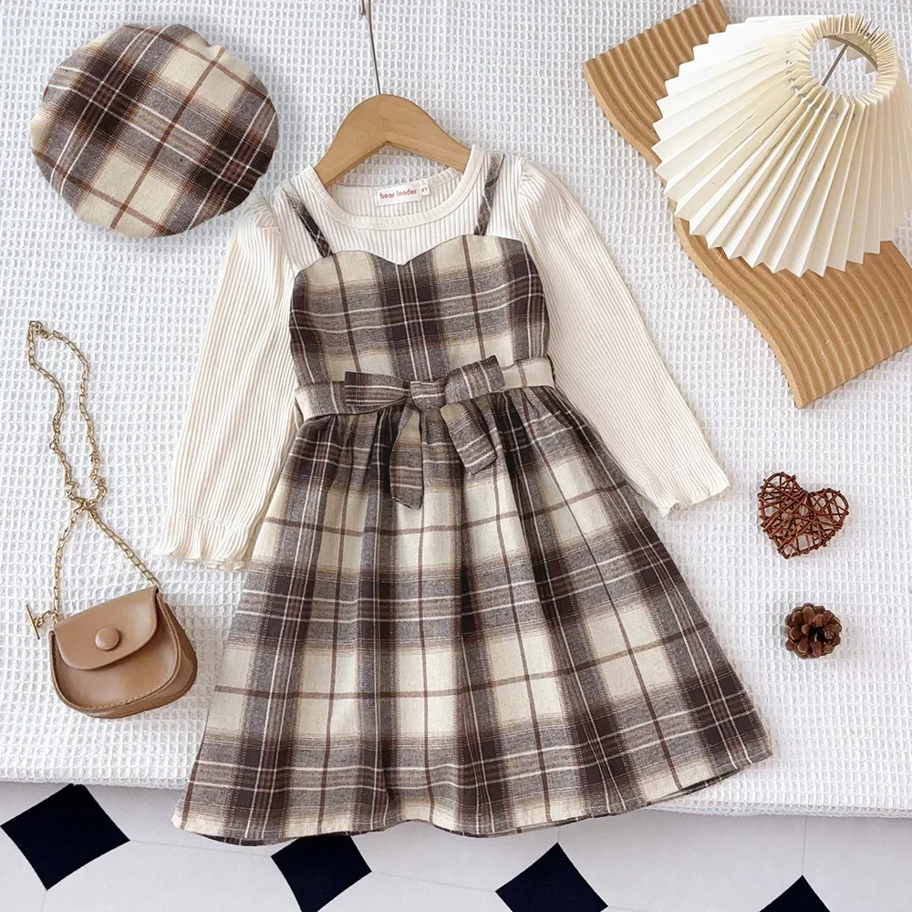 Koreanische Version Langarm-shirt Gefälschte Zwei-stück mit Gürtel + Print Hut Outfits 3-7 Jahre Alt Herbst neue Plaid Mädchen Casual Kleider Image