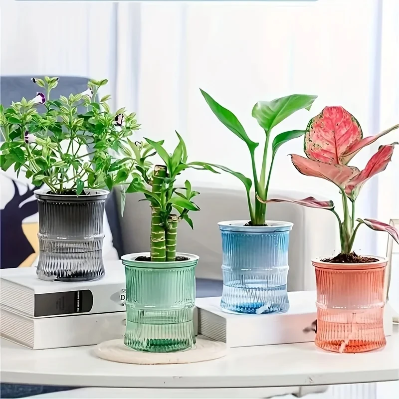 Lazy Hydroponic Blumentopf, automatischer wasserabsorbierender Blumentopf, transparenter, doppelschichtiger, selbstbewässernder Kunststoff-Pflanzgefäß für Büro Image