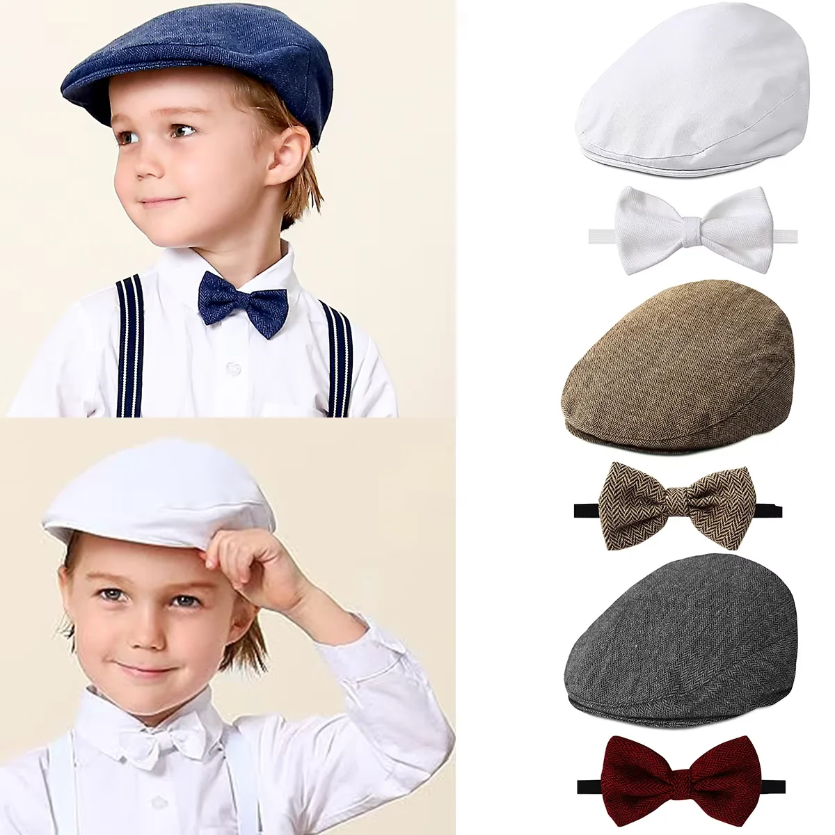 Babymütze, Kindermütze, Kleinkind, Geburtstag, Taufe, Zubehör, Neugeborene, Taufe, Zeitungsjunge, Vintage-Fahrer, Baskenmütze mit Fliege Image