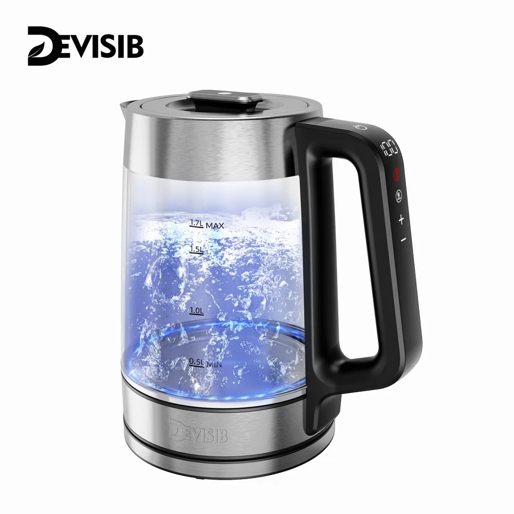 DEVISIB Doppelwandiger elektrischer Glaskessel, Live-Temperaturanzeige, 2200 W, schnelles Kochen, Temperaturregelung, 24-Stunden-Warmhalten Image