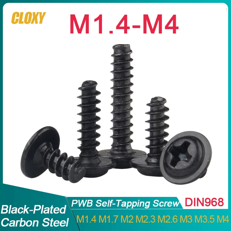 M1,4 M1,7 M2 M2,3 M2,6 M3 M3,5 M4 Schwarz plattierter PWB-Kreuzflachkopf mit Unterlegscheibe, selbstschneidende Schrauben mit flachem Schwanz, Rundkopf-Phillips Image