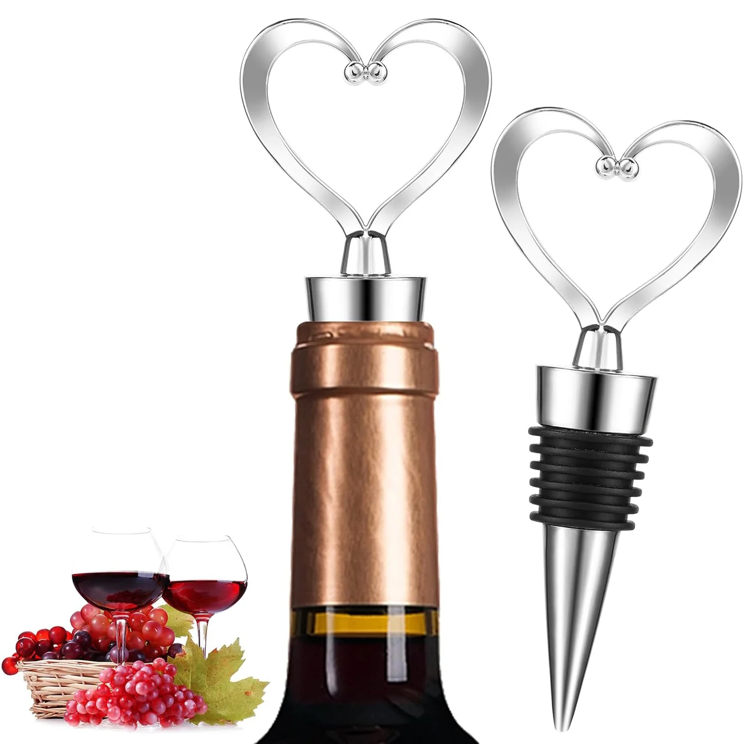 1/5/10 Stück silberner Herz-Weinflaschenverschluss, wiederverwendbarer Gummistopfen, geeignet für Wein, Champagner, Bier, Urlaub, Party, Hochzeit, Dekoration Image