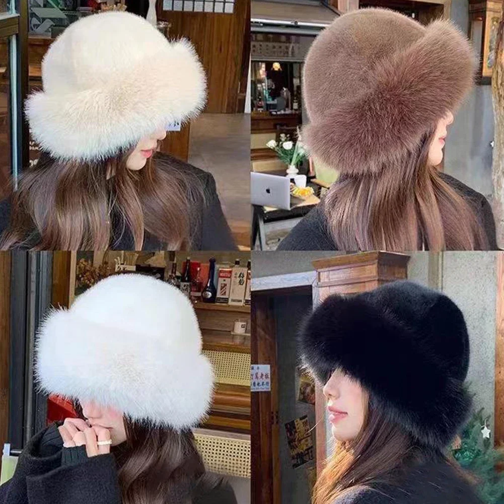 Pelzige Mützen für Damen, warme Mützen im koreanischen Herbst/Winter, einfarbig, schmeichelhafte mongolische Mützen, verdickte Winter-Outfits Image
