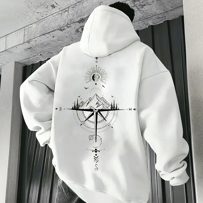 Vintage-Kapuzenpullover mit Kompass-Aufdruck für Herren, hochwertiger Kapuzen-Langarmpullover, ganzjährig, täglich, lässig, Sport-Tops, Herrenbekleidung