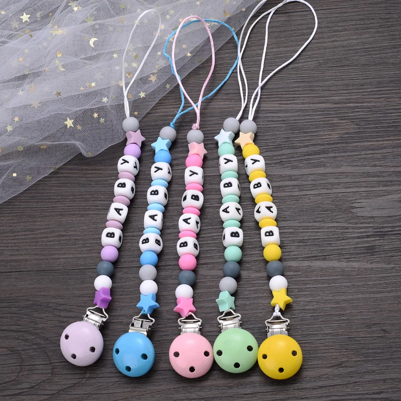 Baby handgemachte Beißring Schnullerkette Silikon Perlen Säugling Nippel beschwichtigen Schnuller Kette Clips Nippel Clip personalisierte Name Image