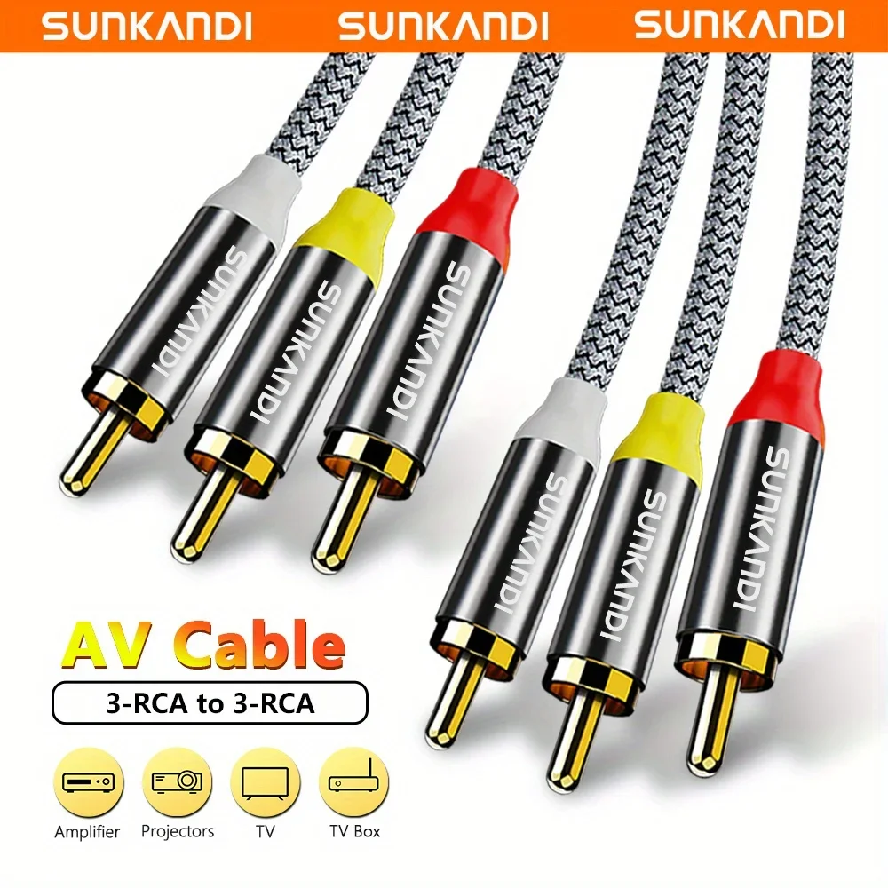 SUNKANDI Audio-Video-RCA-Kabel, 3-RCA-Stecker auf 3-RCA-Stecker, 24 Karat vergoldetes AV-Audiokabel für Lautsprecher, Verstärker, DVD-Player und mehr Image