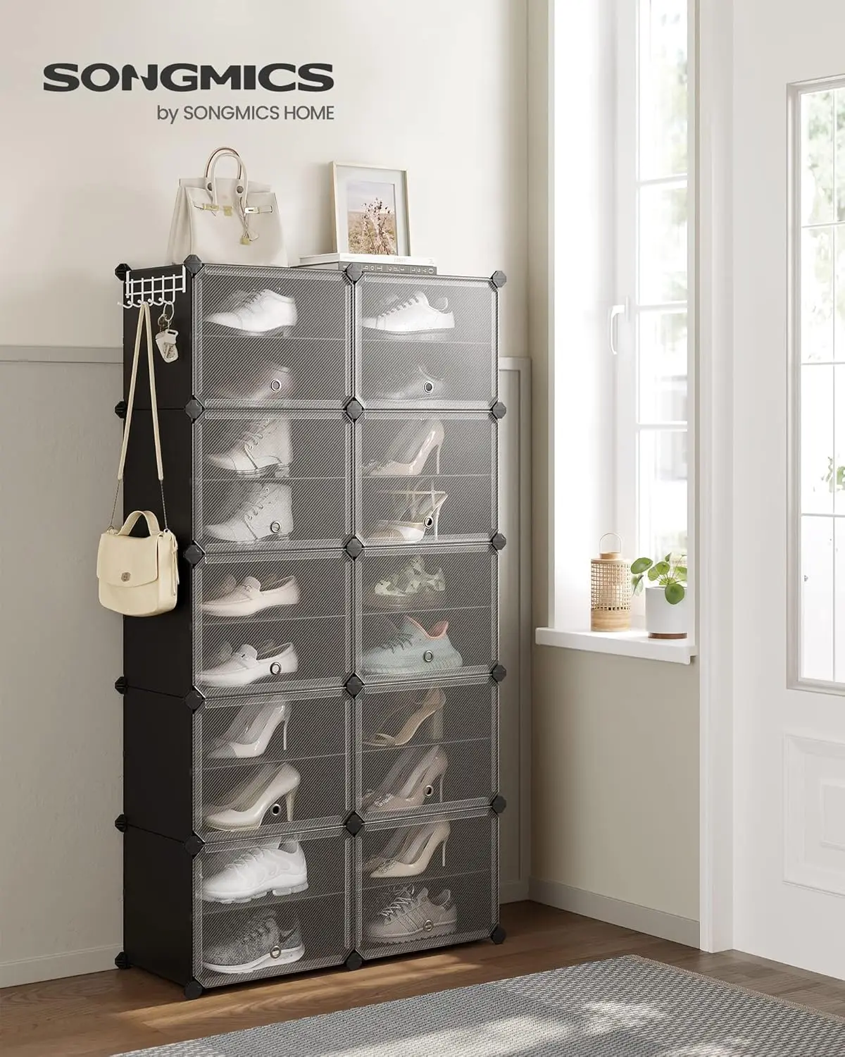 SONGMICS Schuhregal mit 10 Fächern, Schuhschrank, 30 x 40 x 30 cm pro Fach, schmal, mit Türen, Stahlrahmen, Kunststoff