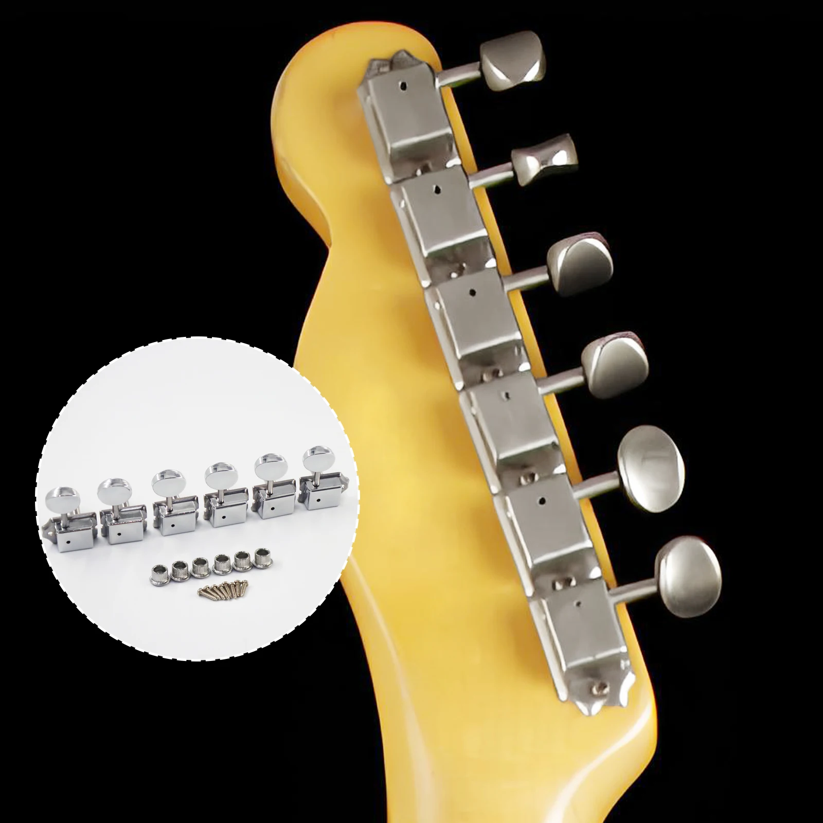 PHRILAM Retro-Gitarrensaitenknopf, Stimmschlüssel-Kombinationswerkzeug für E-Gitarren im ST/TL-Stil, Chrom-Finish, 6er-Pack, rechte Werkzeuge Image