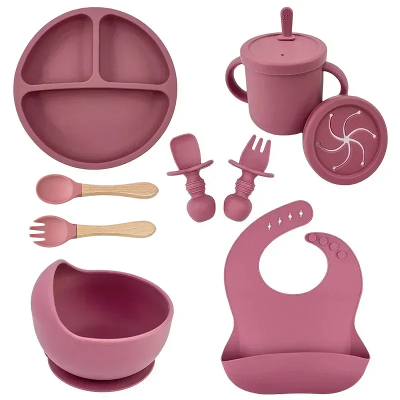 Food Grade Silikon Kind Geschirr Set Baby Fütterung Schüssel Saug Platte Stroh Tasse Holz Löffel Gabel für Kinder Geschirr Kleinkind Gerichte